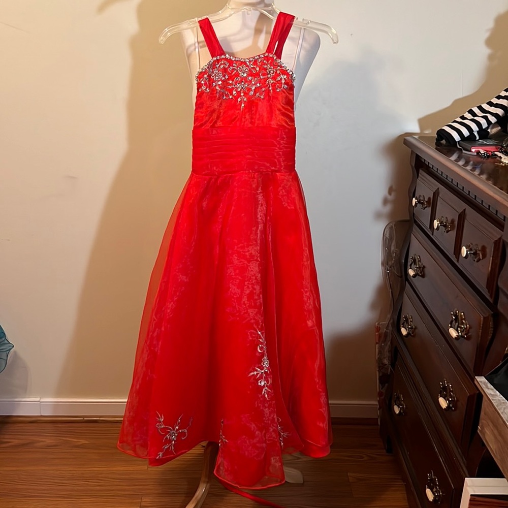 Beautiful red ballgown embellished with silver appliqués and sequins.